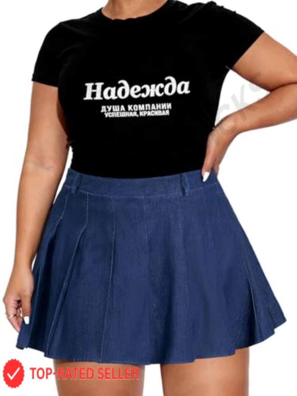 Plus Size Denim Pleated Skort with Built-in Shorts & Pockets